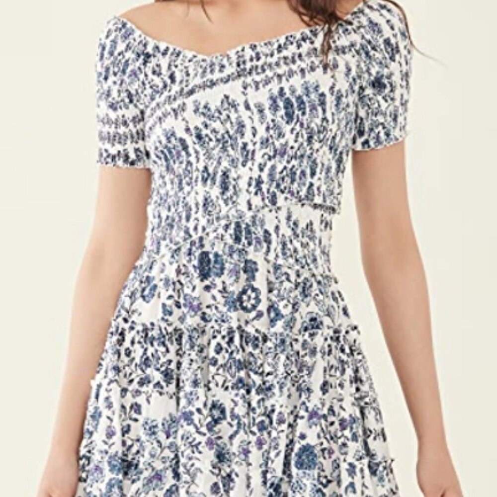 Poupette St Barth White Mini Dress with Blue Floral Print